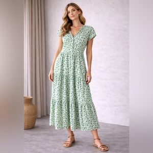 Baukjen Green Floral Tiered Midi Dress Organic Cotton Size 14
